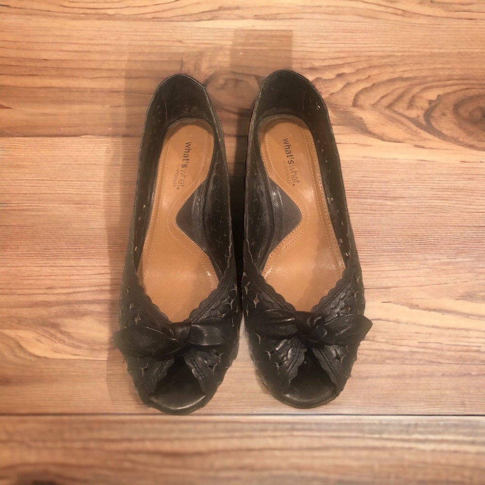 What's What by Aerosoles Black Slip On Wedge Heel Peep Toe Woman's size 6 1/2 M